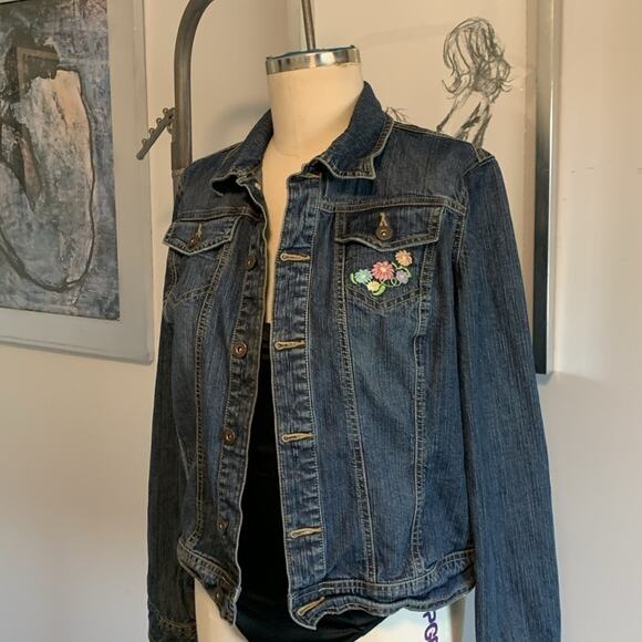 Vintage 2005 Tommy Hilfiger Floral Embroidered Denim Jean Jacket Women's Medium - Picture 5 of 8